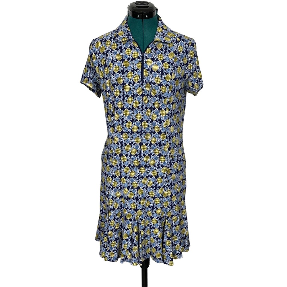 IBKÜL Athletic Dress Pineapple‎ Print UPF 50+ Quarter-Zip Small Blue Yellow Golf